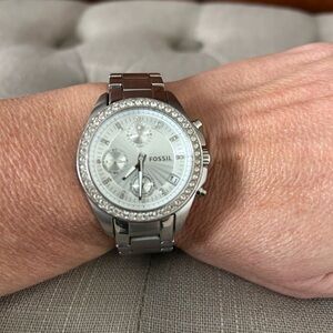 Fossil Women's Silver Chronograph Watch with Crystal Bezel